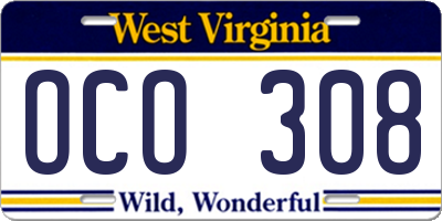 WV license plate OCO308
