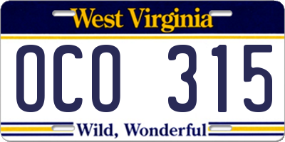 WV license plate OCO315