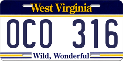 WV license plate OCO316
