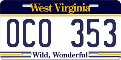 WV license plate OCO353