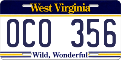 WV license plate OCO356