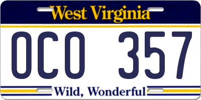 WV license plate OCO357