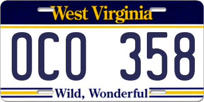WV license plate OCO358