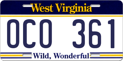 WV license plate OCO361