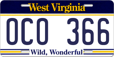 WV license plate OCO366