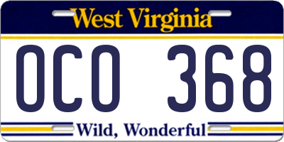 WV license plate OCO368