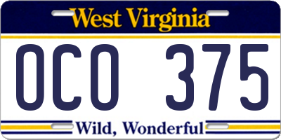 WV license plate OCO375