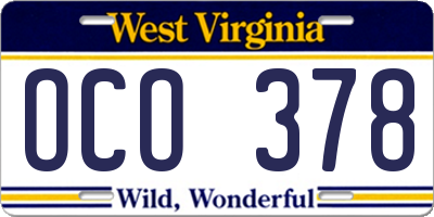 WV license plate OCO378