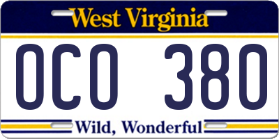 WV license plate OCO380