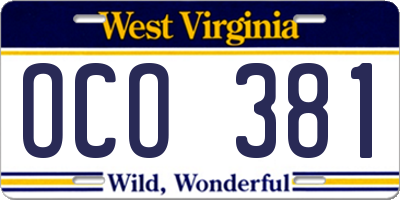 WV license plate OCO381