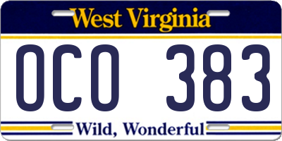 WV license plate OCO383