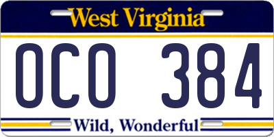 WV license plate OCO384