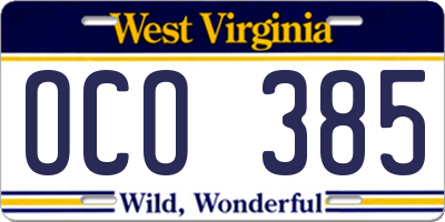 WV license plate OCO385