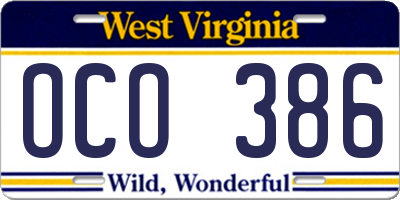 WV license plate OCO386