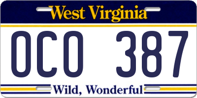 WV license plate OCO387