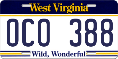 WV license plate OCO388