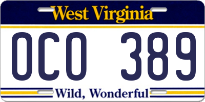 WV license plate OCO389