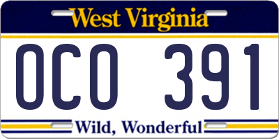 WV license plate OCO391