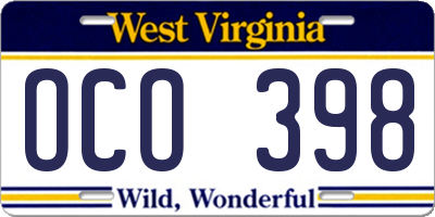 WV license plate OCO398