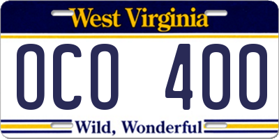 WV license plate OCO400