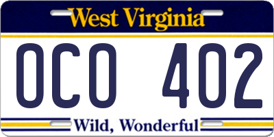 WV license plate OCO402