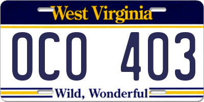 WV license plate OCO403