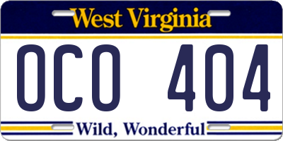 WV license plate OCO404