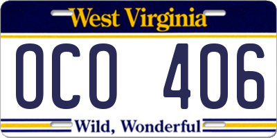WV license plate OCO406