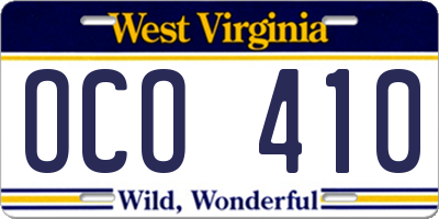 WV license plate OCO410