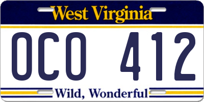 WV license plate OCO412