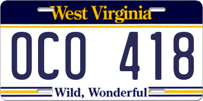WV license plate OCO418