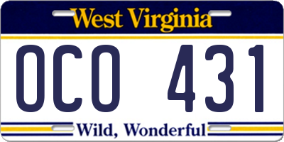 WV license plate OCO431