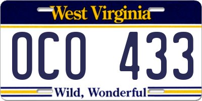 WV license plate OCO433