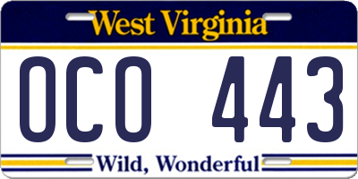 WV license plate OCO443