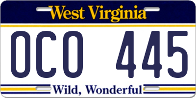 WV license plate OCO445