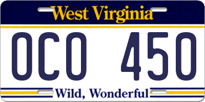 WV license plate OCO450