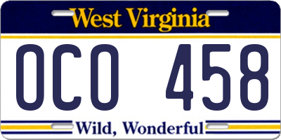 WV license plate OCO458