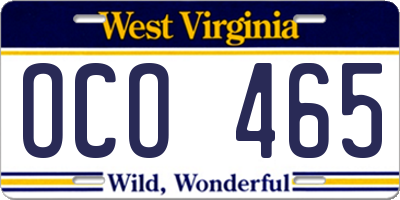 WV license plate OCO465
