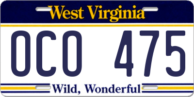 WV license plate OCO475