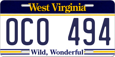 WV license plate OCO494
