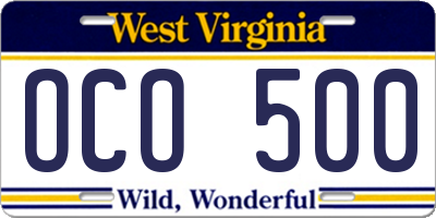 WV license plate OCO500