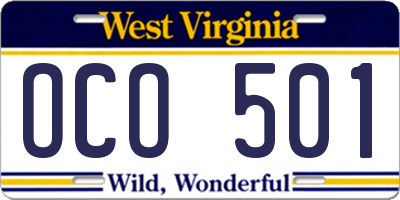 WV license plate OCO501