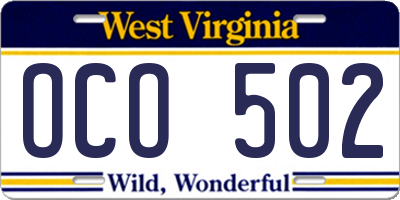 WV license plate OCO502