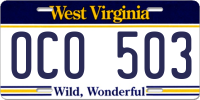 WV license plate OCO503