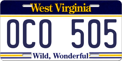 WV license plate OCO505