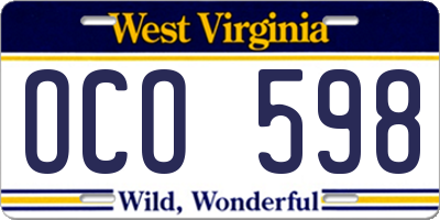 WV license plate OCO598