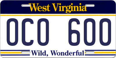 WV license plate OCO600