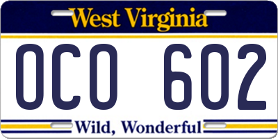 WV license plate OCO602