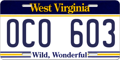 WV license plate OCO603