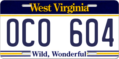 WV license plate OCO604